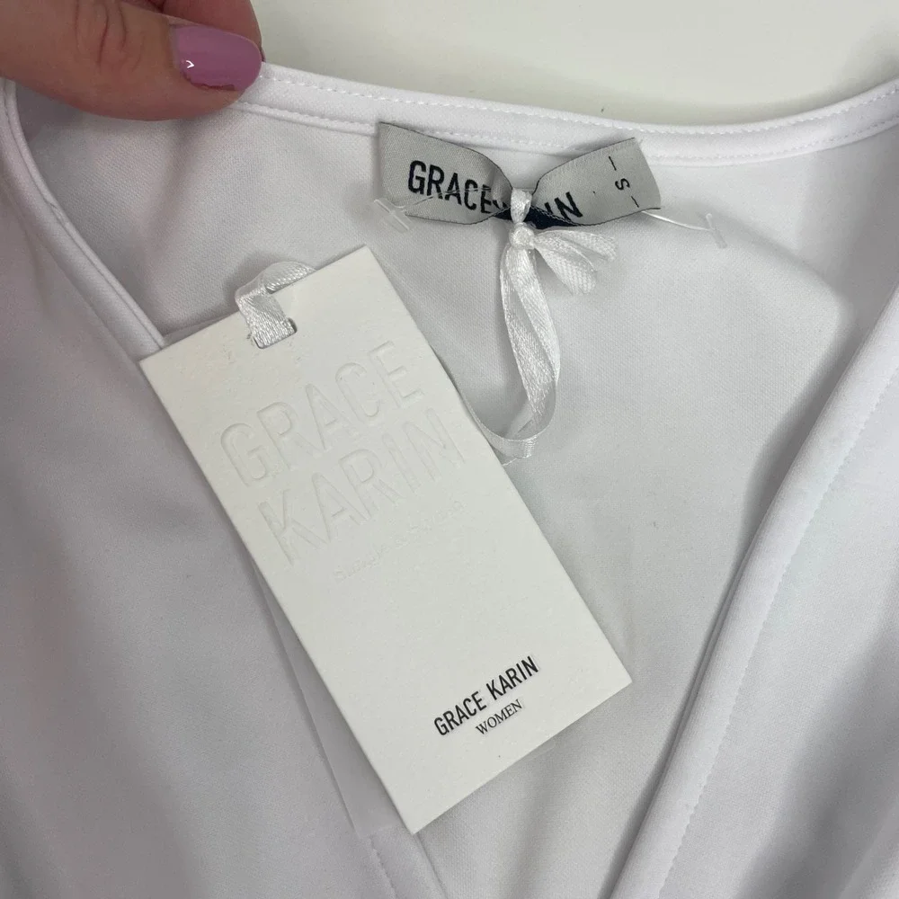 Grace Karin NWT Womens White Sleeveless Wrap V-Neck Blouse Top Side Zip Size S - Picture 7 of 10